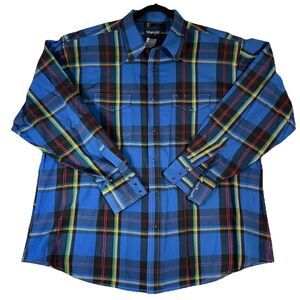 VTG Wrangler Shirt Mens XL Blue Colorful Plaid Western Pearl Snap Made In USA
